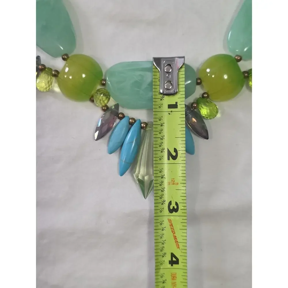 Vibrant Colorful Statement Necklace Green Blue Turquoise Stones Ribbon Closure